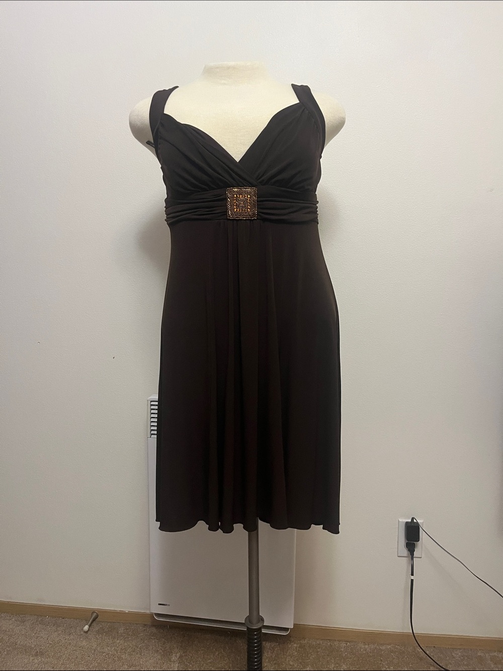 Sleeveless Midi Cocktail Dress in Deep Brown with Embellished Waist